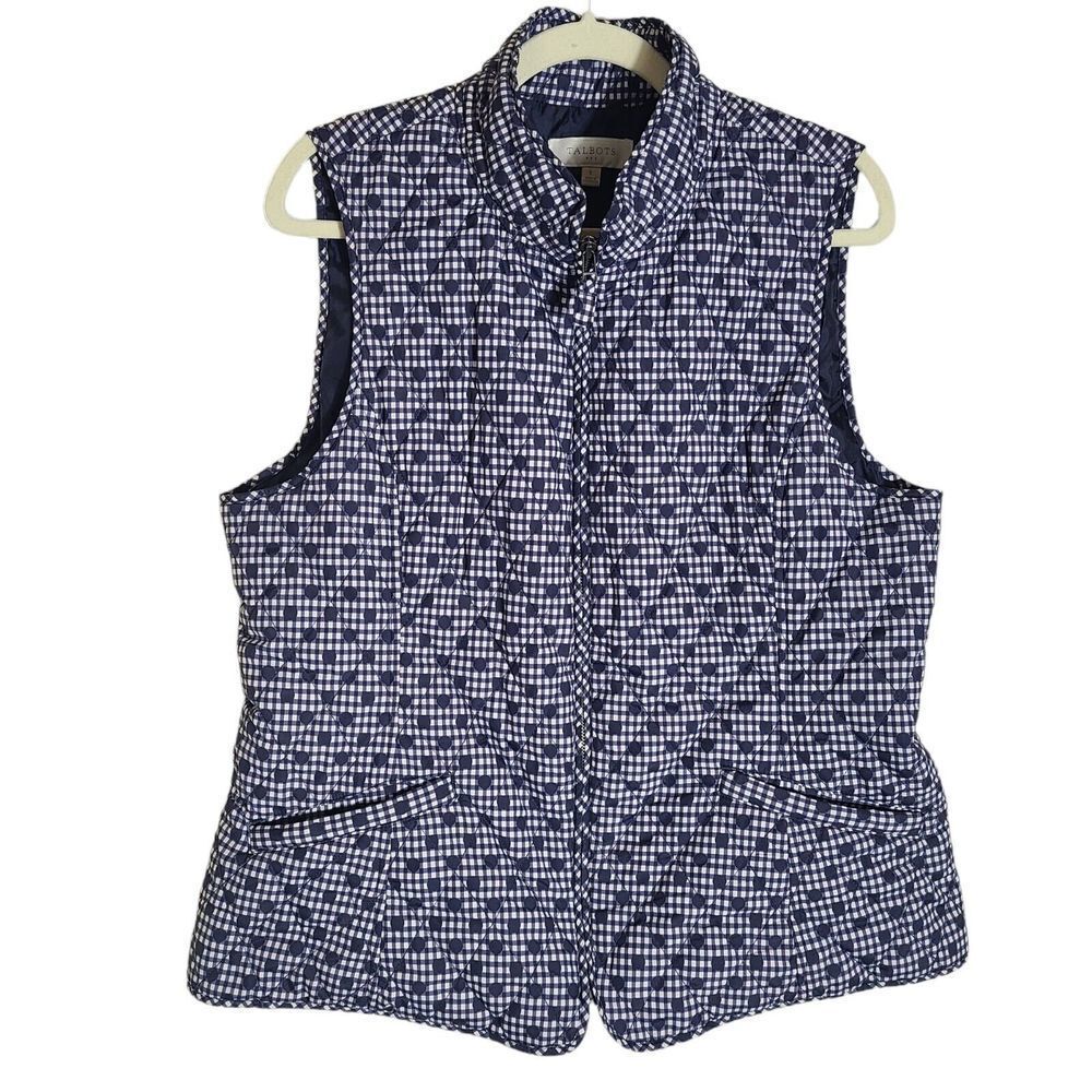 Talbots Women's size Large Quilted Vest Polka Dot and Plaid Navy Blue White